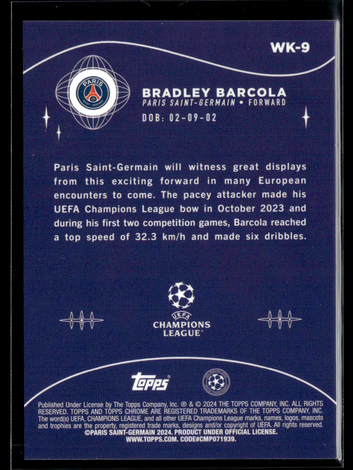 2023-24 Topps Chrome UEFA Club Competitions Bradley Barcola Wonderkids