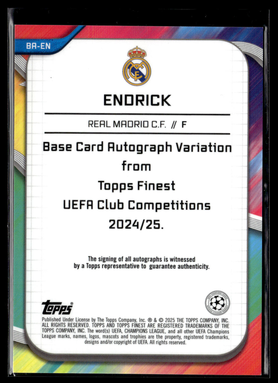 2024-25 Endrick 13/99 Autographe Topps Finest UEFA Club Competitions