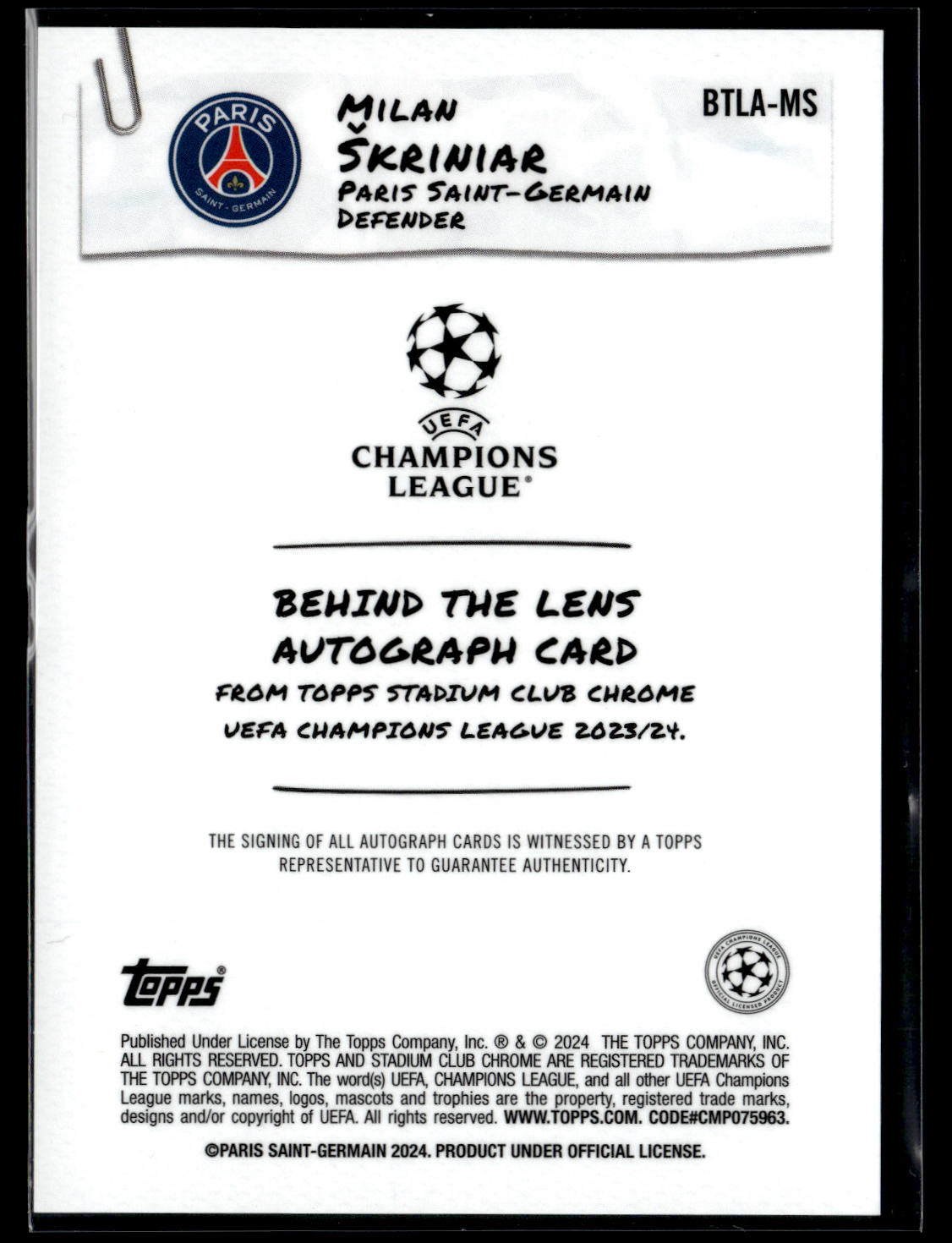 2024-25 Milan Skriniar Autographe Topps Stadium Chrome UCC