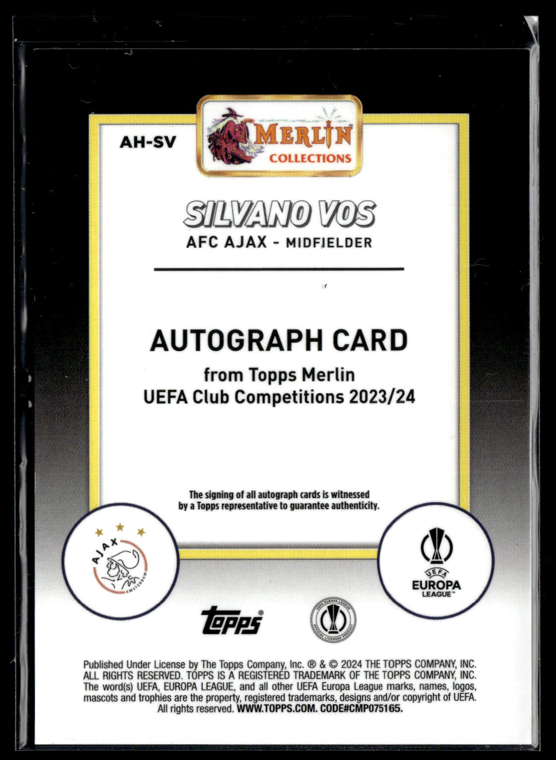 2023-24 Silvano Vos 09/25 Autographe Topps Chrome Merlin UEFA Club Competitions