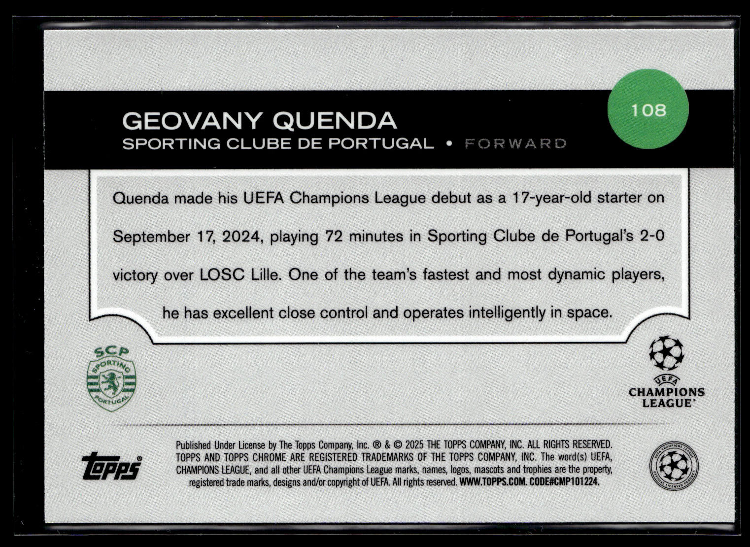 2024-25 Geovany Quenda 054/150 Topps Chrome UEFA Club Competitions