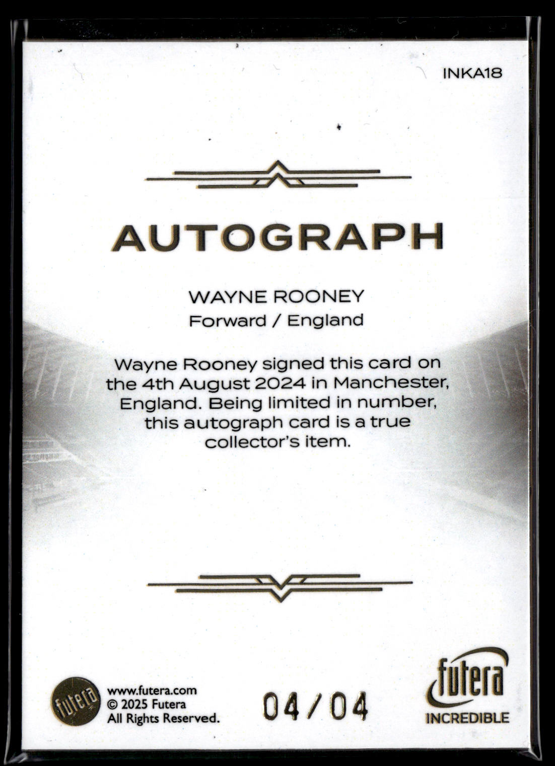 2024-25 Wayne Rooney 04/04 Autographe On card GOLD FRAME Futera incredible