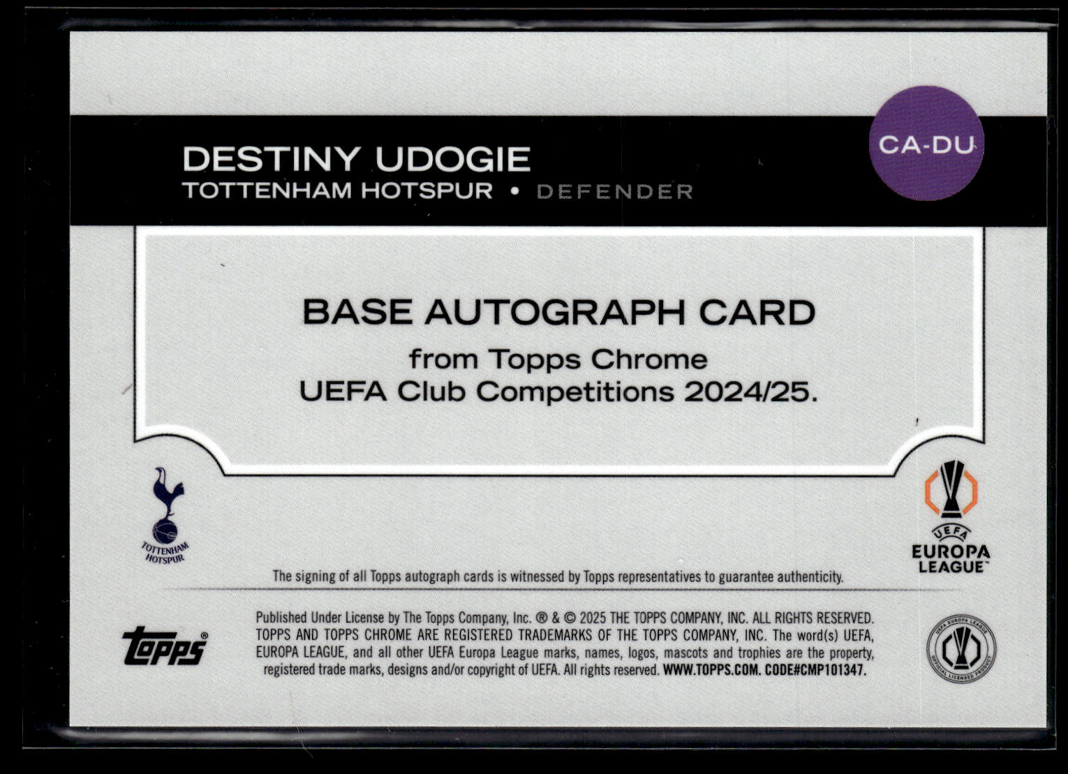 2024-25 Udogie 094/150 Autographe Topps Chrome UEFA Club Competitions