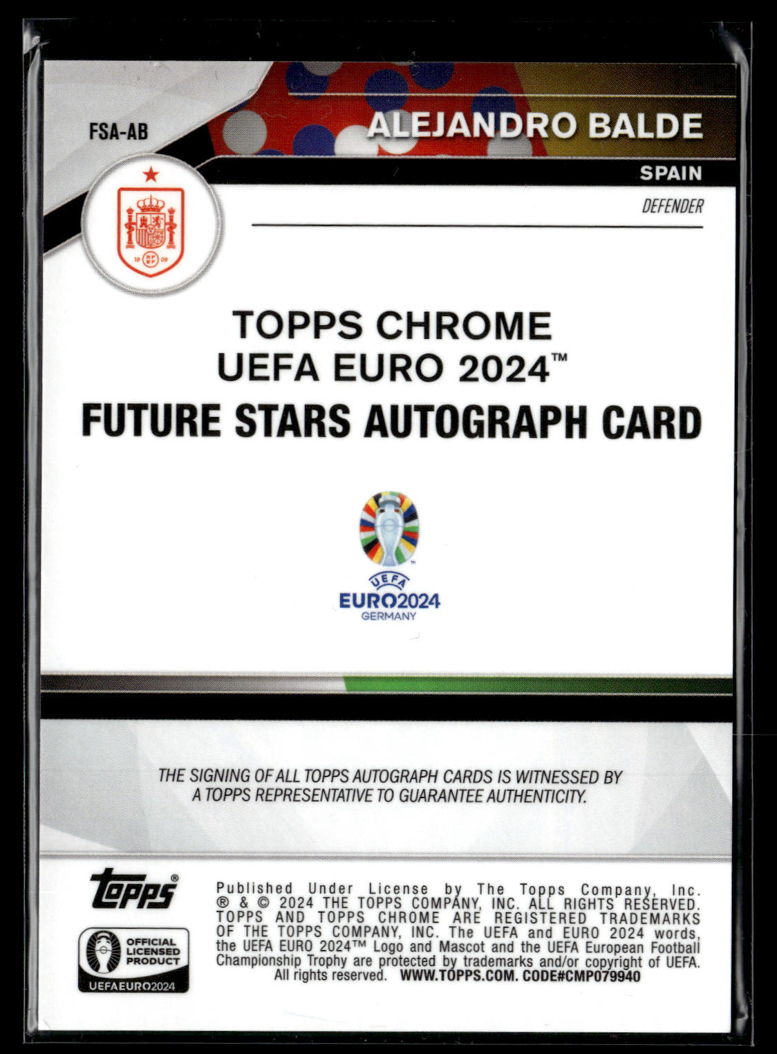 2024 Alejandro Balde Future Stars 49/50 Autographe Topps Chrome UEFA EURO