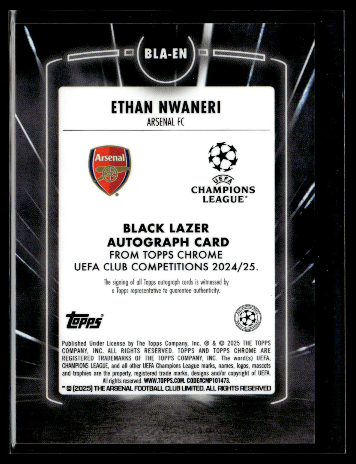 2024-25 Ethan Nwaneri Autographe Black Lazer Topps Chrome UEFA Club Competitions