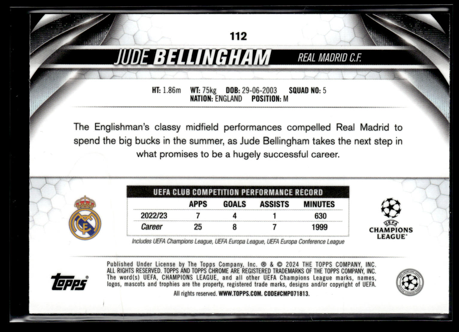 2023-24 Jude Bellingham 21/50 Topps Chrome sapphire UEFA Club Competitions