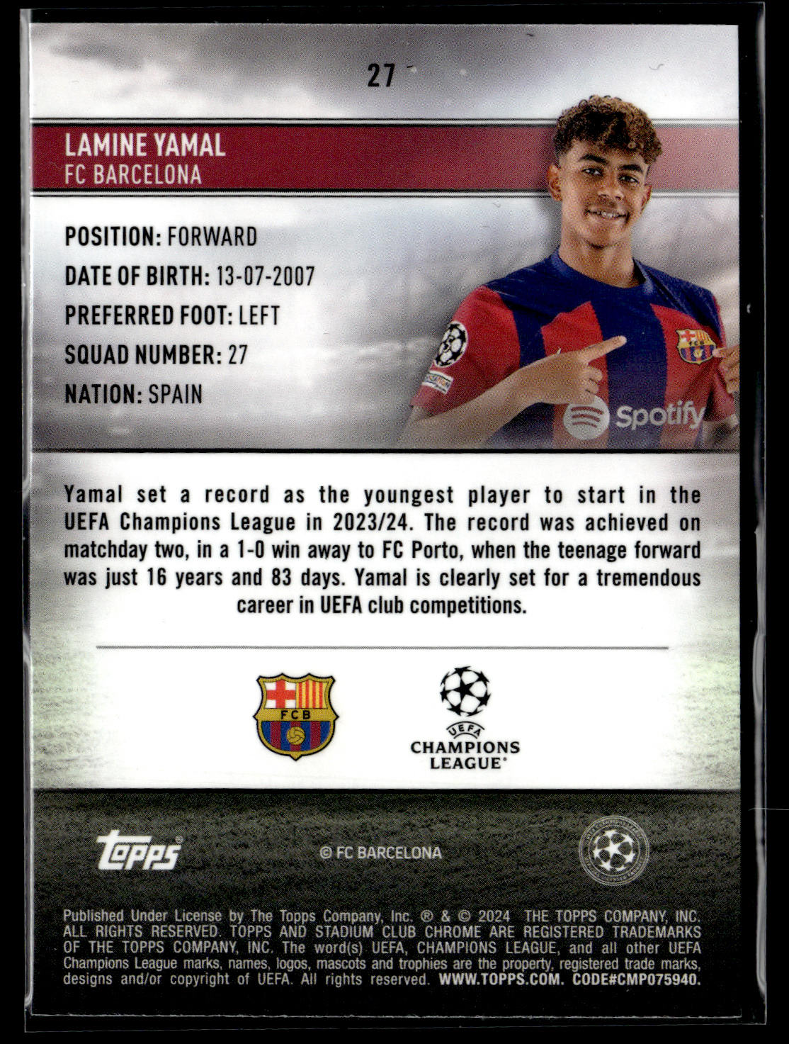 2023-24 Lamine Yamal 081/150 Stadium Club Chrome UEFA Champions League