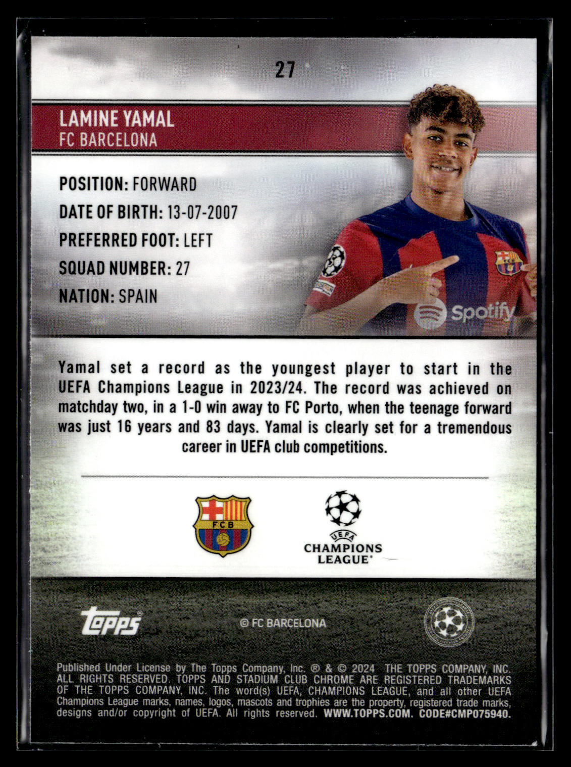 2023-24 Lamine Yamal 005/299 Stadium Club Chrome UEFA Champions League