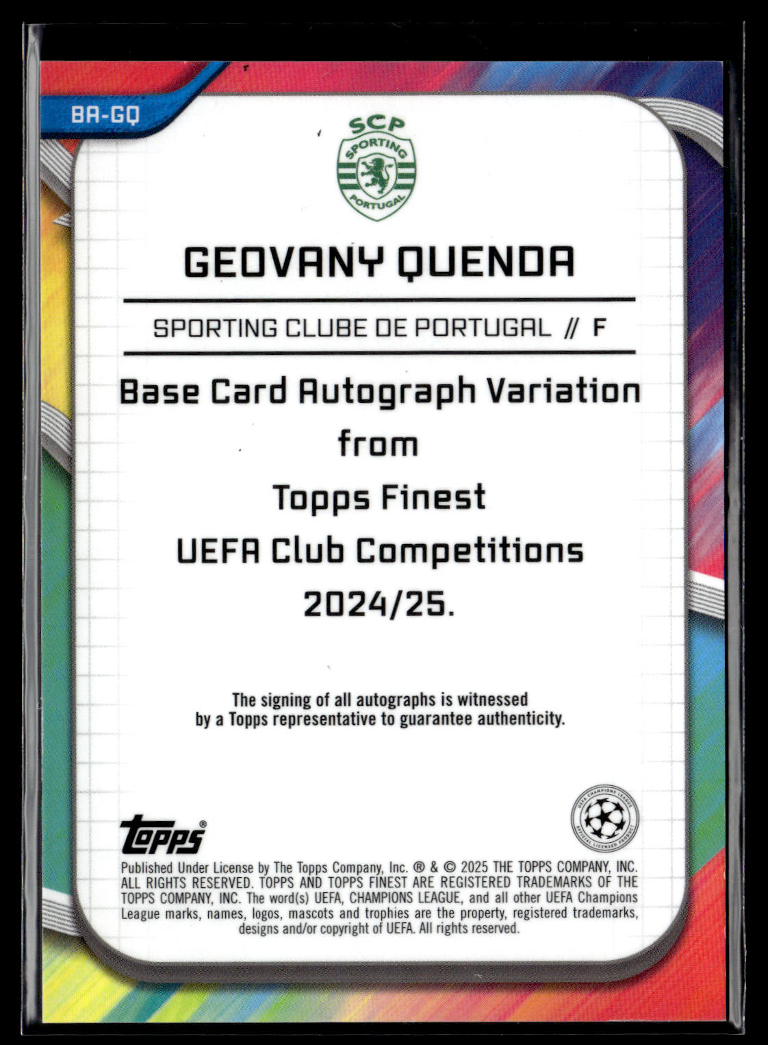 2024-25 Quenda 009/125 Autographe RC Topps Finest UEFA Club Competitions