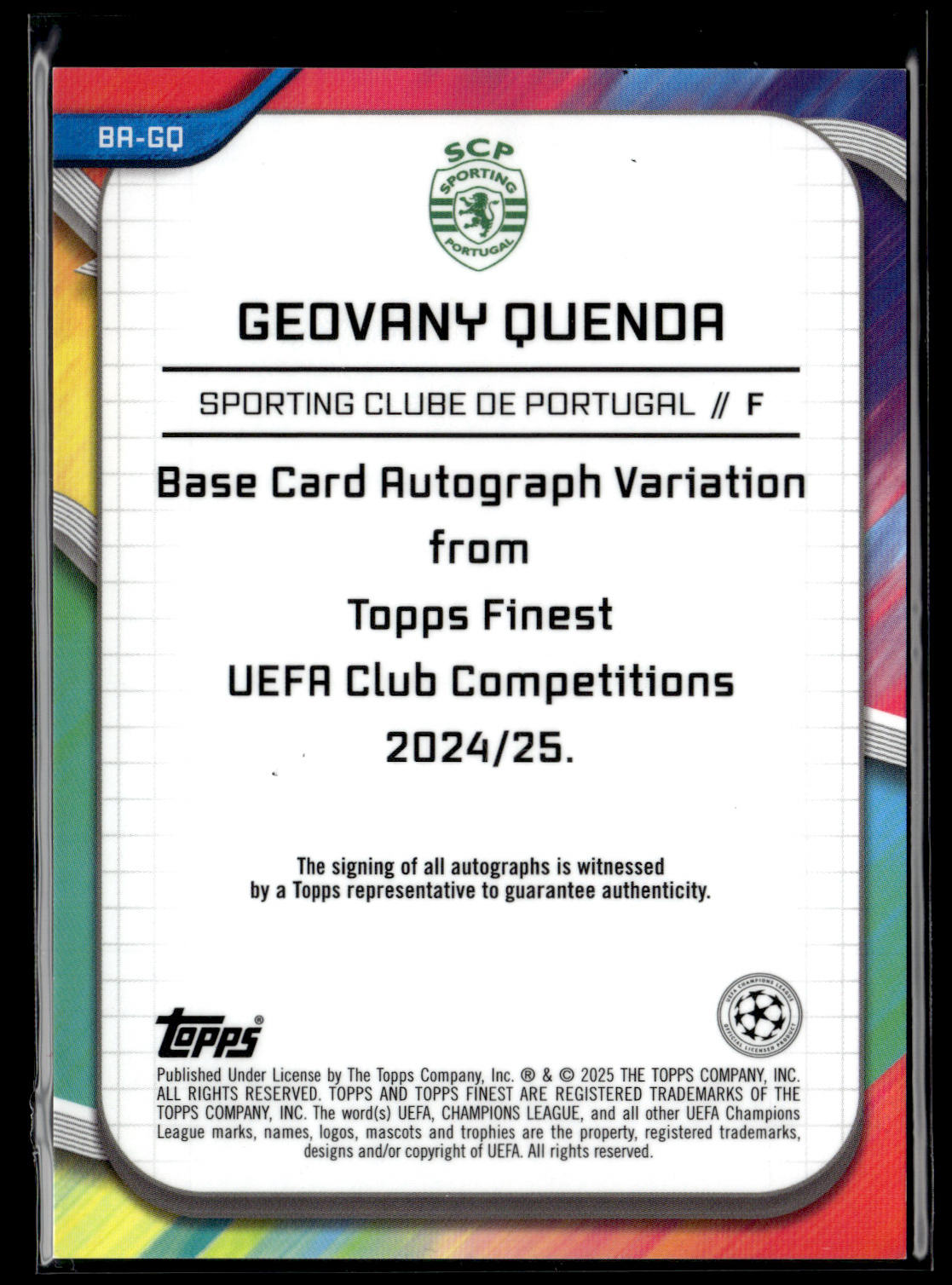 2024-25 Quenda 142/199 Autographe RC Topps Finest UEFA Club Competitions