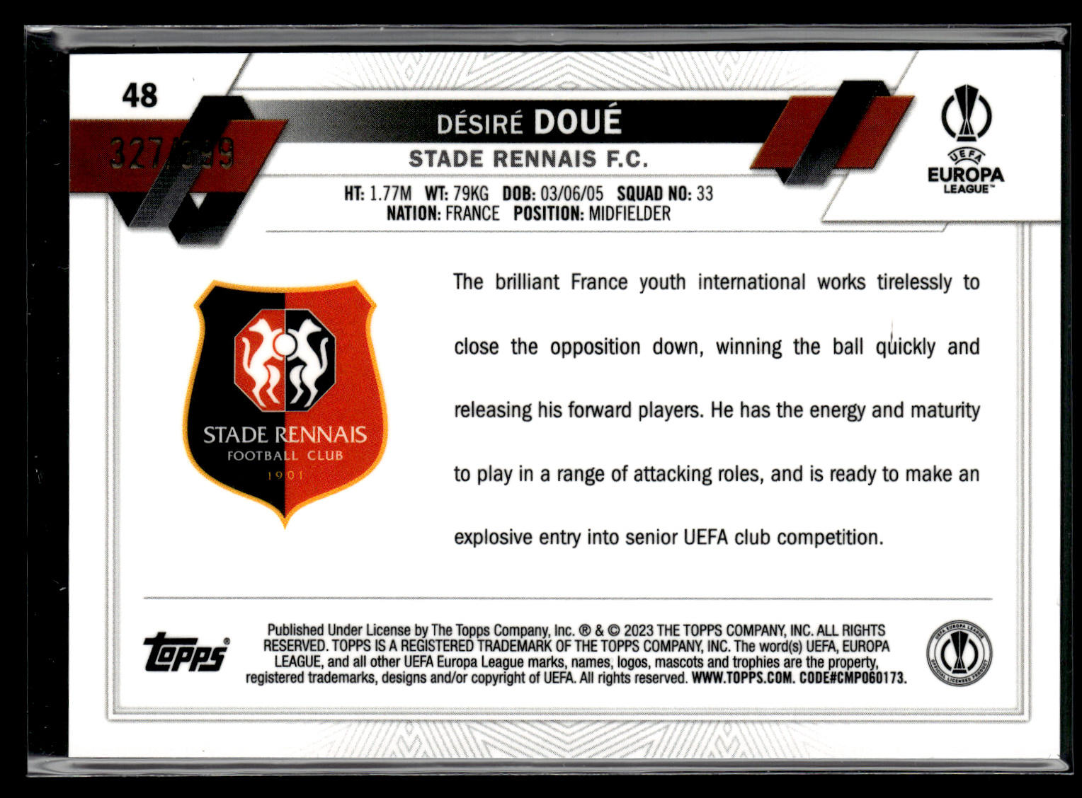 2022-23 Désiré Doué 327/399 RC Topps Chrome UEFA Club Competitions