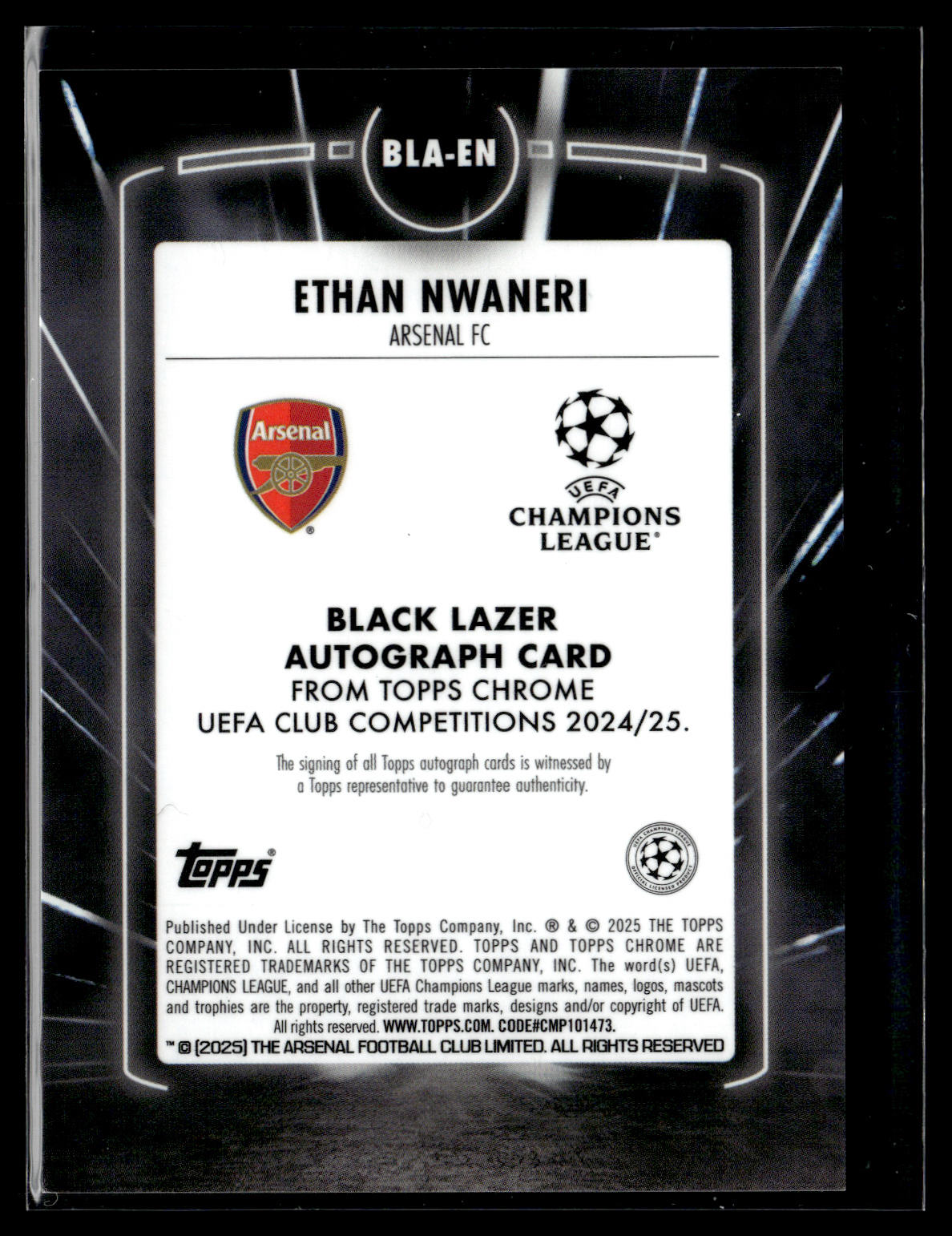 2024-25 Ethan Nwaneri 25/50 Autographe Black Lazer Topps Chrome UCC