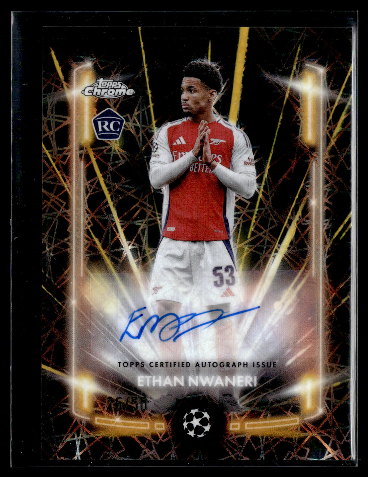 2024-25 Ethan Nwaneri 25/50 Autographe Black Lazer Topps Chrome UCC