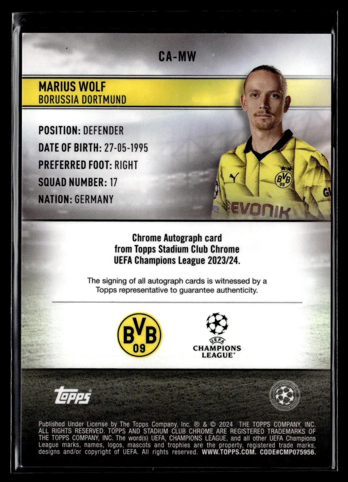 2023-24 Marius Wolf 35/50 Autographe Topps Stadium Chrome UCC Members Only